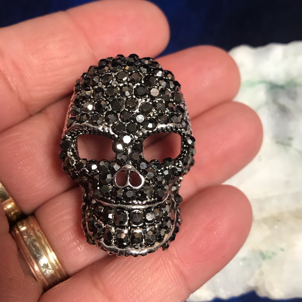 Chrome silver rhinestone skull brooch - Picture 3 of 5
